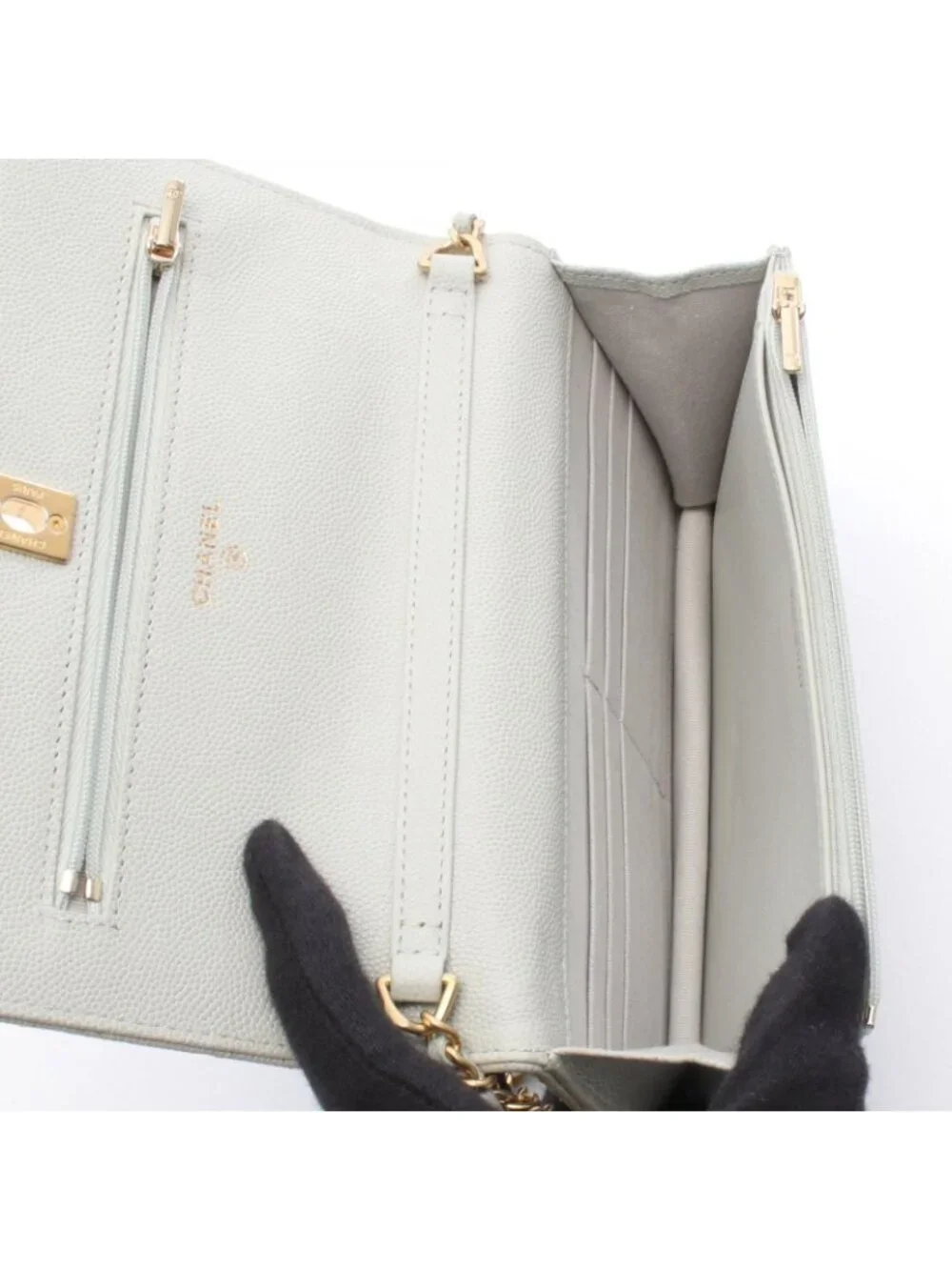 Chanel Shoulder Bag Quilted Light Gray Caviar Leather Chain Wallet